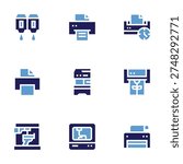 Printer icon set. Bold style. Duotone colors. cartridge, printer, multifunction printer, 3d printer.