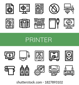 printer icon set. Collection of Printing test, Hard disk, Cmyk, Brochure, Leaflet, Office, Ink, Hard drive, Ink cartridge, Print cylinder, d printing, Multifunction printer icons