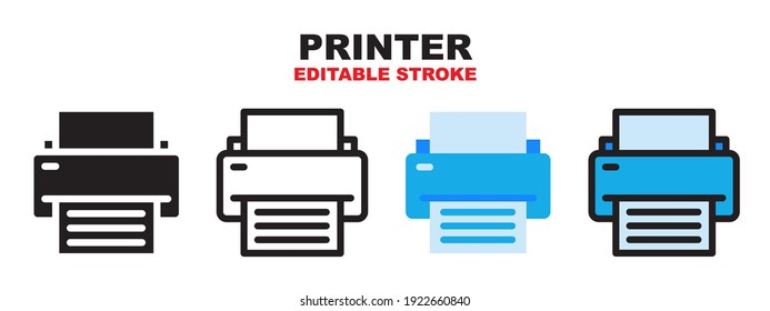 Printer icon set with different styles. Colored vector icons designed in filled, outline, flat, glyph and line colored. Editable stroke style can be used for web, mobile, ui and more.