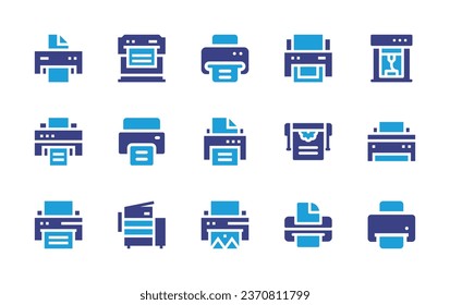 Druckersymbol eingestellt. Duotonfarbe. Vektorgrafik. Enthält Drucker, Druck, Drucken.