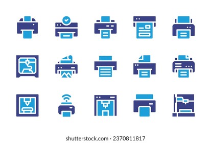 Conjunto de iconos de impresora. Color de duotona. Ilustración vectorial. Contiene impresora, impresión, tinta.