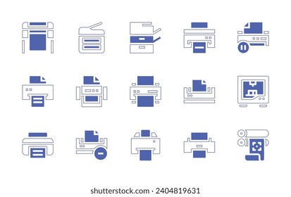 Conjunto de iconos de impresora. Color de duotona. Ilustración vectorial. Conteniendo formato grande, impresora, pausa, impresión, rollo de papel.