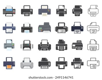 Printer icon set in flat style. Office machine vector illustration on isolated background. Printout sign business concept.