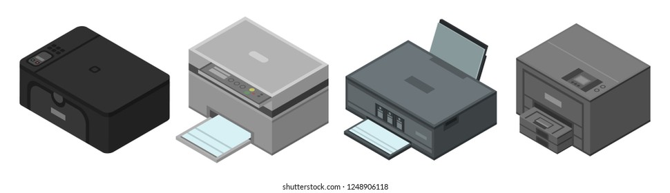 Printer icon set. Isometric set of printer vector icons for web design isolated on white background