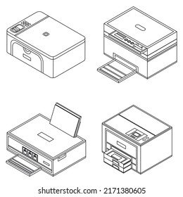 Printer icon set. Isometric set of printer vector icons outline isolated on white background