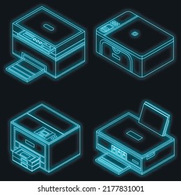 Printer Icon Set. Isometric Set Of Printer Vector Icons Neon On Black