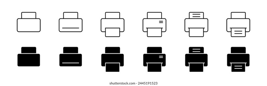 Printer icon set. Line and glyph print symbol. Printout icon