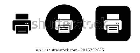 Printer icon set, Print document symbol, Print button icon, Printer control icons, Solid circle and square button styles