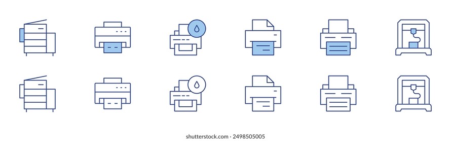 Printer icon set in two styles, Duotone and Thin Line style. Editable stroke. print calendar, print template, print job, photo, icon, print quality.