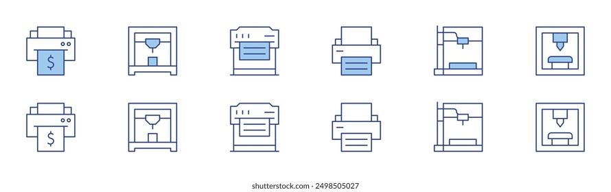 Printer icon set in two styles, Duotone and Thin Line style. Editable stroke. eco-friendly printing, print queue, print job, print ticket, photo, quality.