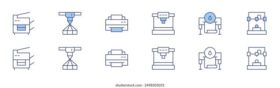 Printer icon set in two styles, Duotone and Thin Line style. Editable stroke. eco-friendly printing, network printer, print job, print cylinder, print brochure, print icon.