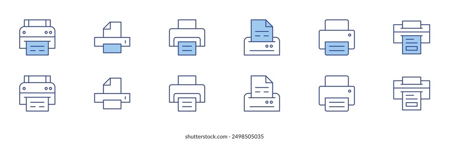Printer icon set in two styles, Duotone and Thin Line style. Editable stroke. cloud printing, plotter, print preview, print head, print maintenance, print envelope.