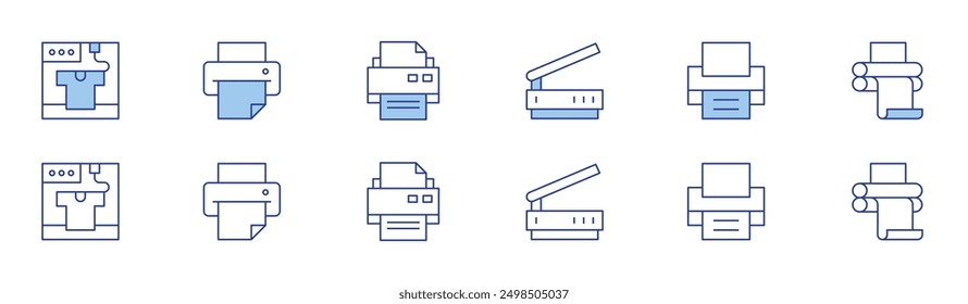 Printer icon set in two styles, Duotone and Thin Line style. Editable stroke. cloud printing, plotter, print preview, print head, print maintenance, print envelope.