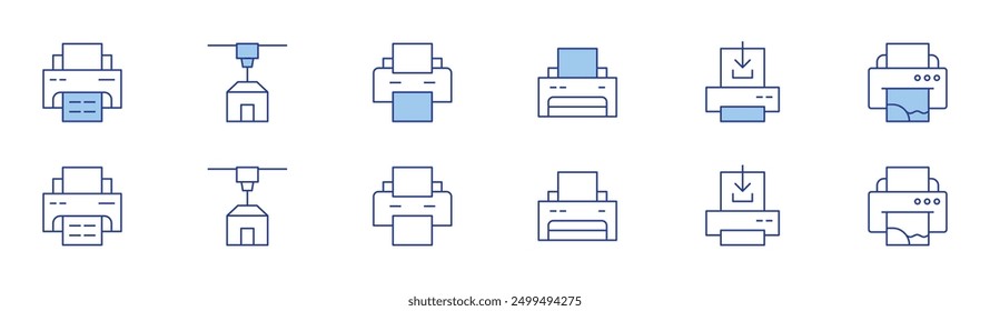 Printer icon set in two styles, Duotone and Thin Line style. Editable stroke. print catalog, plotter, print software, print preview, printer ink, print maintenance.