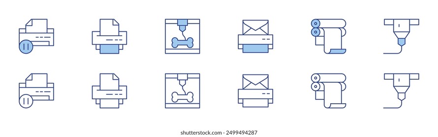 Printer icon set in two styles, Duotone and Thin Line style. Editable stroke. print monitor, mobile printing, print history, printer ink, print cylinder, print pattern.