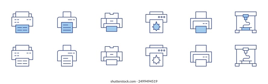 Conjunto de iconos de impresora en dos estilos, Duotone y estilo de línea fina. Impresión inalámbrica, impresora láser, resolución de impresión, Hacer visto previo de impresión, cabezal de impresión.