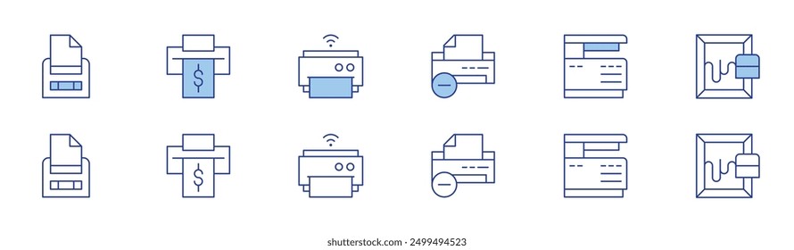 Printer icon set in two styles, Duotone and Thin Line style. Editable stroke. subtract, scanner, serigraphy, printer.