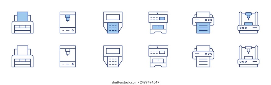 Printer icon set in two styles, Duotone and Thin Line style. Editable stroke. printer troubleshooting, print ad, print maintenance, print labels, print catalog, mobile printing.