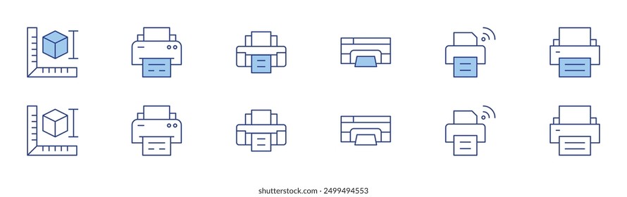 Printer icon set in two styles, Duotone and Thin Line style. Editable stroke. print ticket, print calendar, mobile printing, print head, brochure, queue.