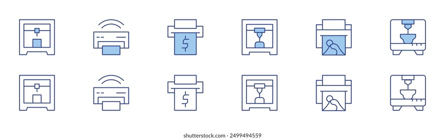 Printer icon set in two styles, Duotone and Thin Line style. Editable stroke. print setup, 3d printing, print monitor, banner, print quality, security.