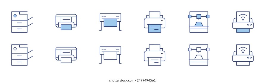 Printer icon set in two styles, Duotone and Thin Line style. Editable stroke. print software, print from phone, print catalog, print margins, add, bone.