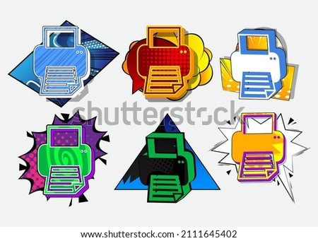 Printer icon, sign. Comic book word symbol on abstract comics background. Retro pop art style illustration. Print, printing business concept.