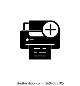 Printer icon, technology icon with add sign icon in black flat on white background, Printer icon and new, plus, positive symbol, Vector illustration