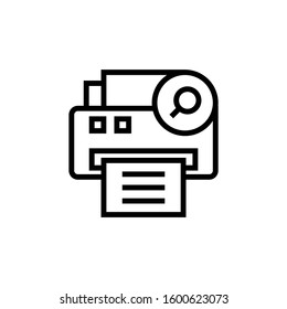 Printer icon, technology icon with research sign icon in outline style on white background, Printer icon and explore, find, inspect symbol. Vector illustration