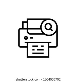 Printer icon, technology icon with research sign icon in outline style on white background, Printer icon and explore, find, inspect symbol. Vector illustration