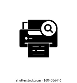 Printer icon, technology icon with research sign icon in black flat on white background, Printer icon and explore, find, inspect symbol. Vector illustration