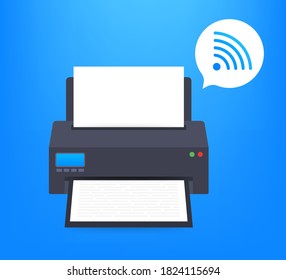 Icono de impresora con símbolo inalámbrico wifi. Impresora inalámbrica. Ilustración de material vectorial.
