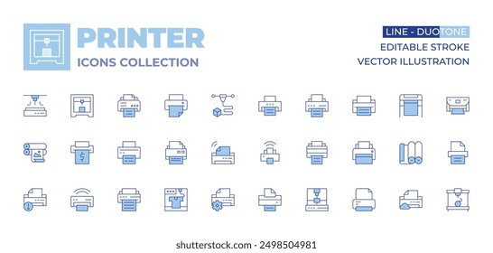 Printer icons collection. Line Duotone style, editable stroke. laser, wifi, cloud, alert, settings, paperroll, offset, printing, largeformat, printer.