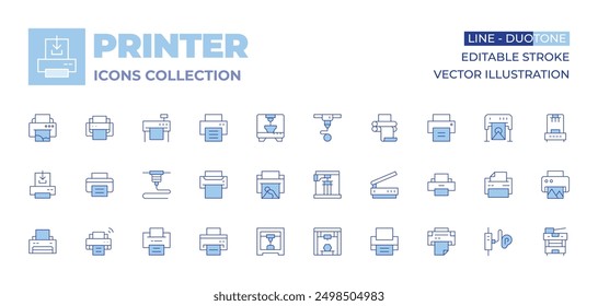 Printer icons collection. Line Duotone style, editable stroke. plotter, scanner, print, printing, offset, printer, multifunctionprinter.