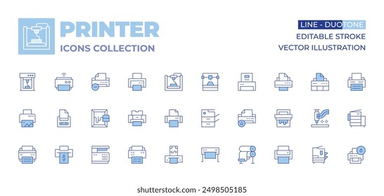 Printer icons collection. Line Duotone style, editable stroke. subtract, power, scanner, printing, serigraphy, paperroll, printer.