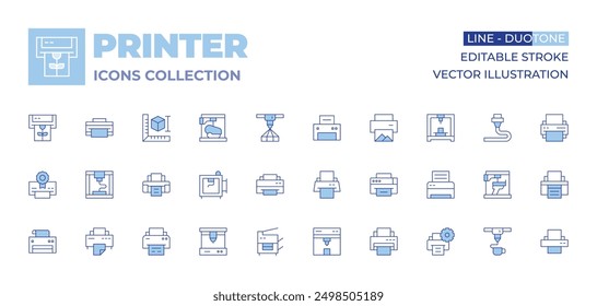 Printer icons collection. Line Duotone style, editable stroke. print job, print server, print queue, settings, maintenance.