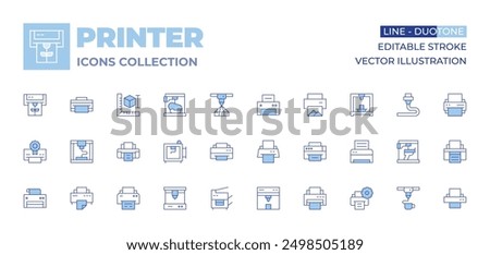 Printer icons collection. Line Duotone style, editable stroke. print job, print server, print queue, settings, maintenance.