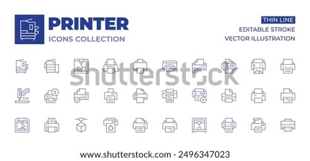 Printer icons collection. Thin Line icons, editable stroke. pause, add, bone, cross, printer.