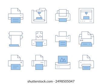Printer icons. Line Duotone style, editable stroke. wireless printing, print ad, print invitation, print server, cloud.