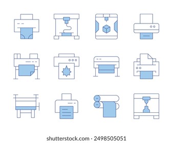 Printer icons. Line Duotone style, editable stroke. printingmachine, plotter, printing, print, printcylinder, printer.