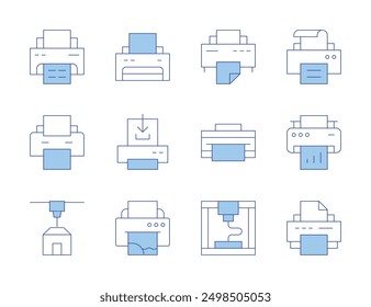 Printer icons. Line Duotone style, editable stroke. printer ink, print layout, print catalog, print head, eco-friendly printing.