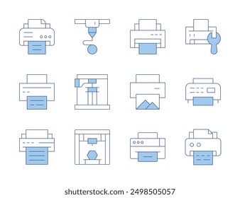 Iconos de la impresora. Estilo de línea Duotone, carrera editable. tamaño de impresión, servidor, software de impresión, libro de impresión.