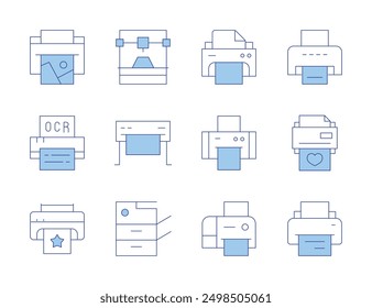 Printer icons. Line Duotone style, editable stroke. print template, photocopier, print brochure, print layout, print book.