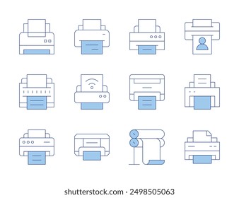 Printer icons. Line Duotone style, editable stroke. print setup, print report, print test page, print banner, printer troubleshooting.