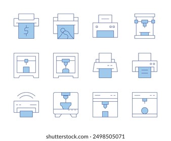 Printer icons. Line Duotone style, editable stroke. print document, 3d printing, print banner, plotter, wireless printing.