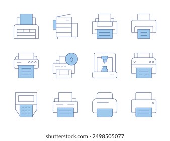 Printer icons. Line Duotone style, editable stroke. print paper, print to pdf, print driver, ad, packing slip.