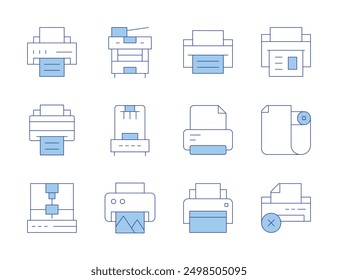 Printer icons. Line Duotone style, editable stroke. mobile printing, print software, print security, print invitation, print size.