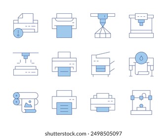 Printer icons. Line Duotone style, editable stroke. laser, alert, offset, scanner, printer.