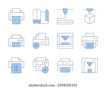 Printer icons. Line Duotone style, editable stroke. add, cross, paperroll, printer.