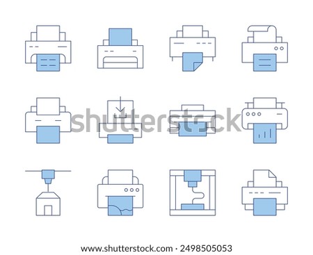 Printer icons. Line Duotone style, editable stroke. printer ink, print layout, print catalog, print head, eco-friendly printing.
