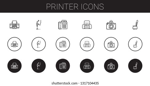 printer icons set. Collection of printer with d printer, fax, photography, ink. Editable and scalable icons.